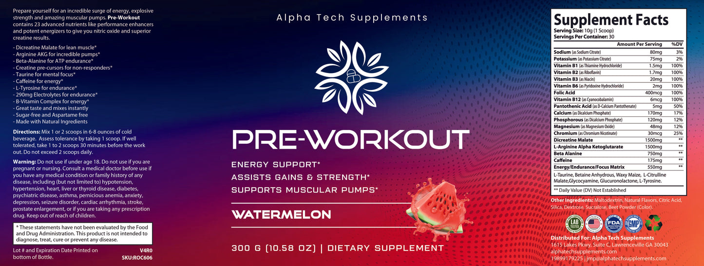 Pre-Workout Watermelon - Premium Pre-Workout from Alpha Tech Supplements - Just $34.99! Shop now at Alpha Tech Supplements